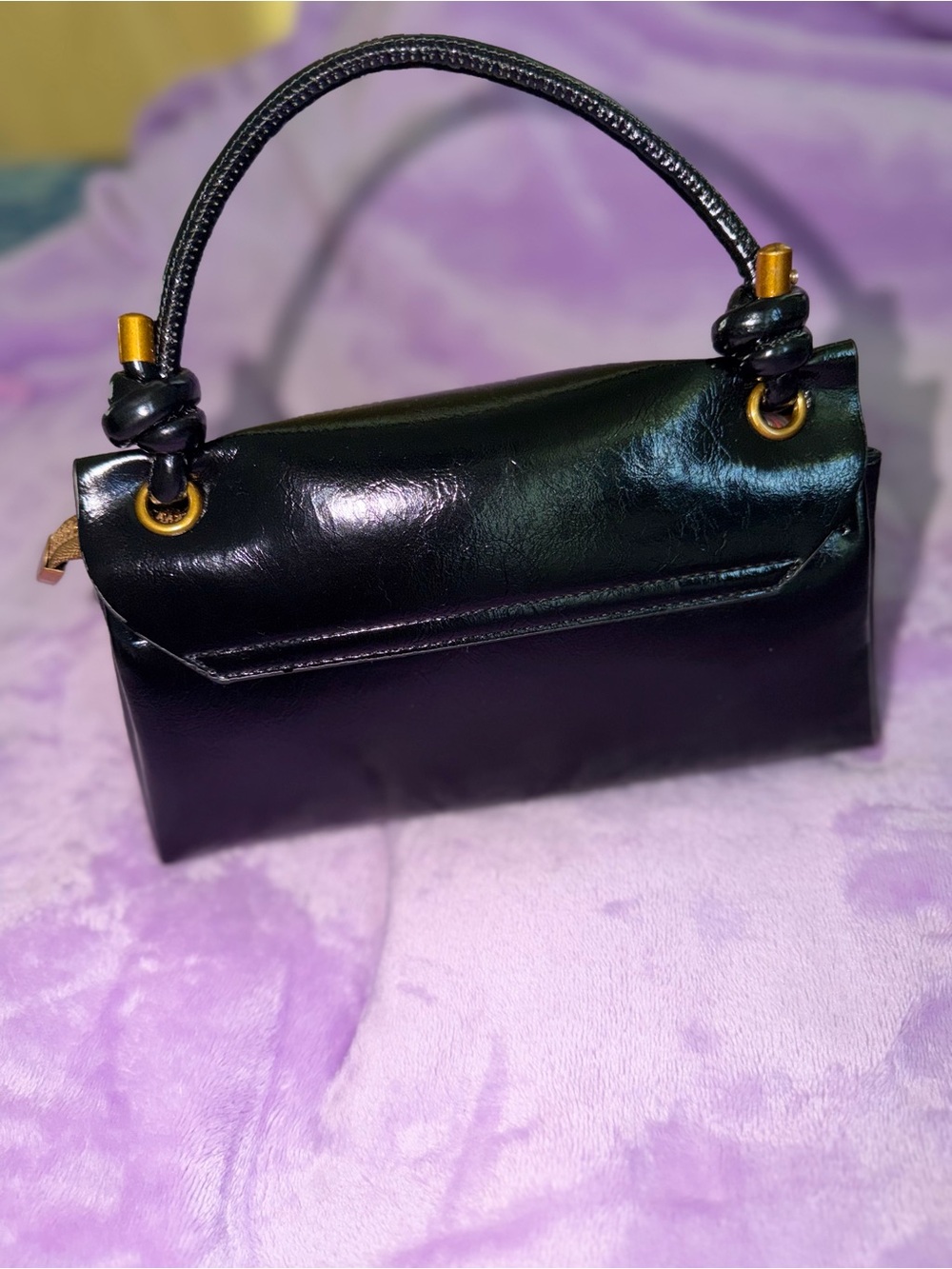 Black Leather Top-Handle Shoulder Bag with Gold Accents - Picture 2 of 4